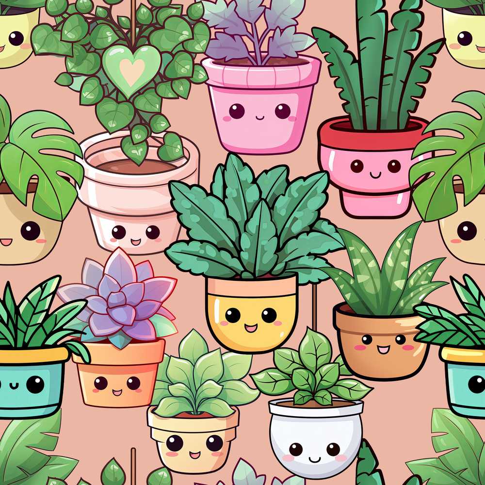 Cute Kawaii Indoor Plants Beige Background Decorative Repeat