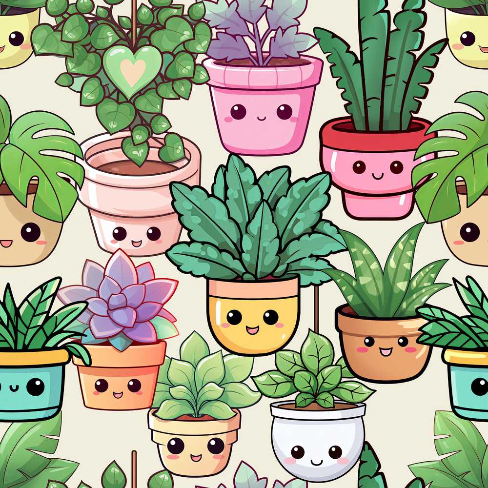 Cute Kawaii Indoor Plants Cream Background Decorative Repeat