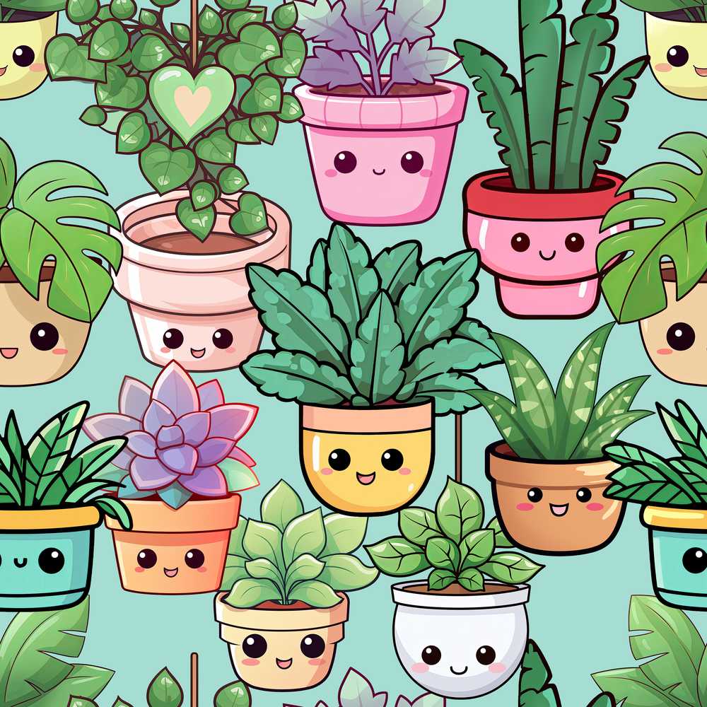Cute Kawaii Indoor Plants Mint Background Decorative Repeat
