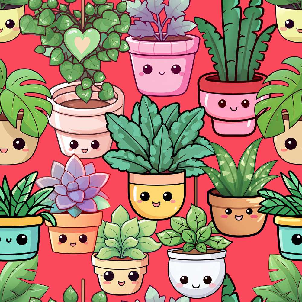 Cute Kawaii Indoor Plants Bright Red Background Decorative