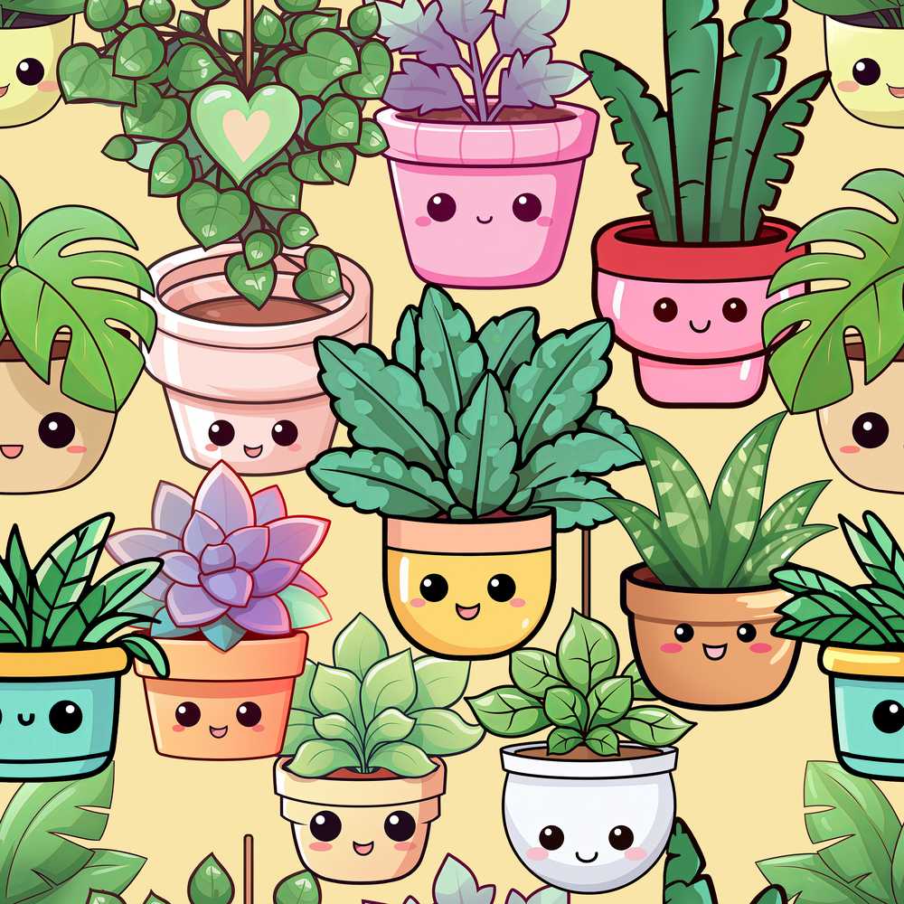Cute Kawaii Indoor Plants Warm Yellow Background Decorative