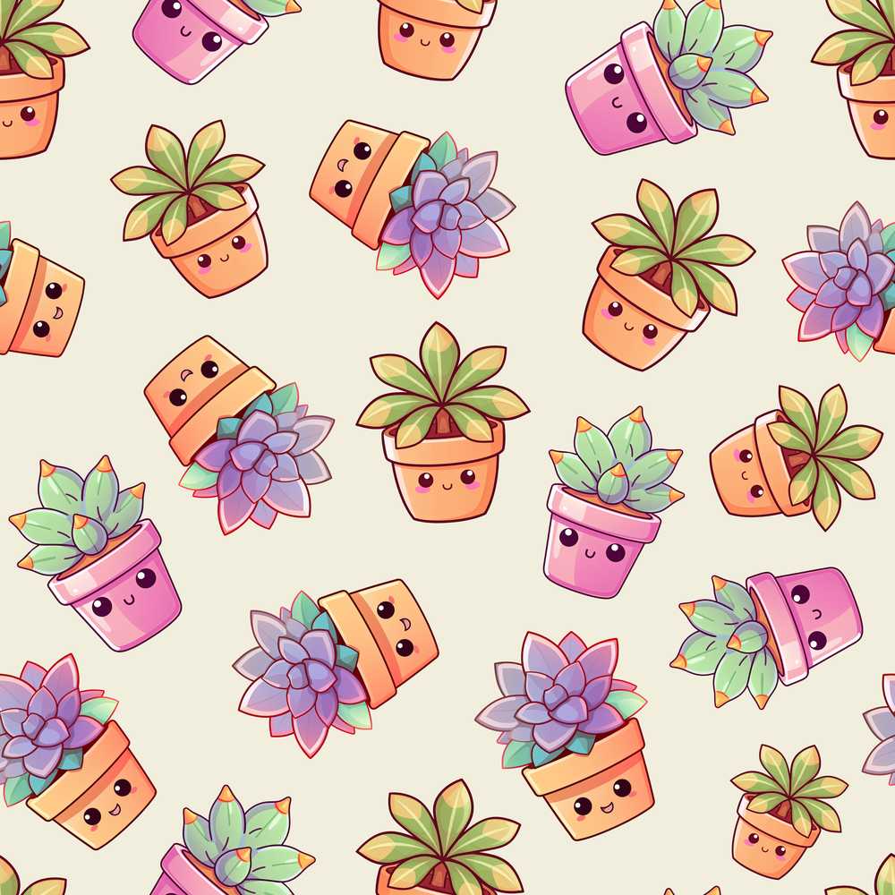 Cute Kawaii Succulent Plants Soft Sage Background Decorative
