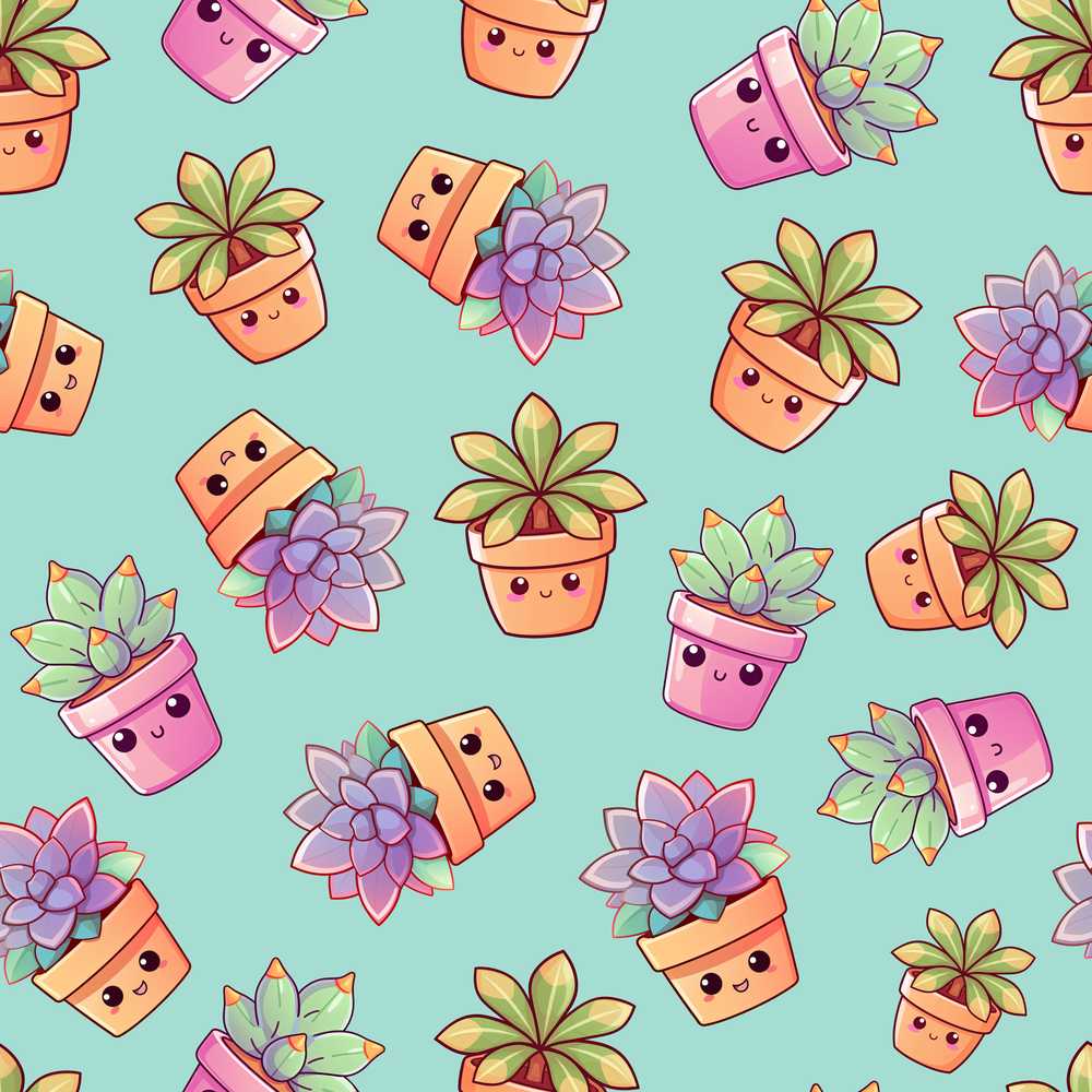 Cute Kawaii Succulent Plants Teal Blue Background Decorative