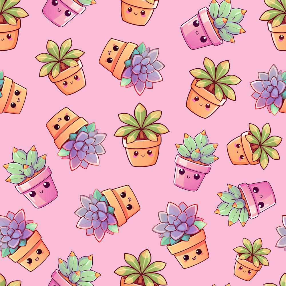 Cute Kawaii Succulent Plants Rose Pink Background Wildflower Pattern
