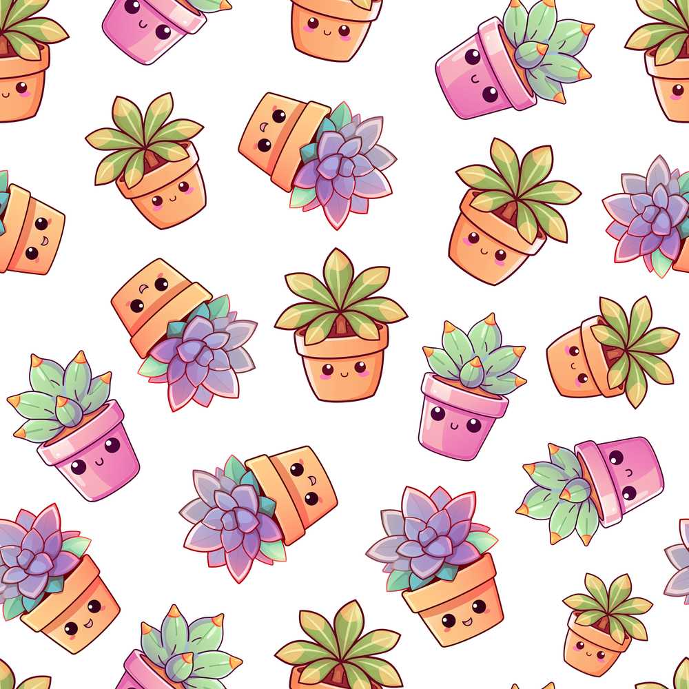 Cute Kawaii Succulent Plants Light Grey Background Decorative