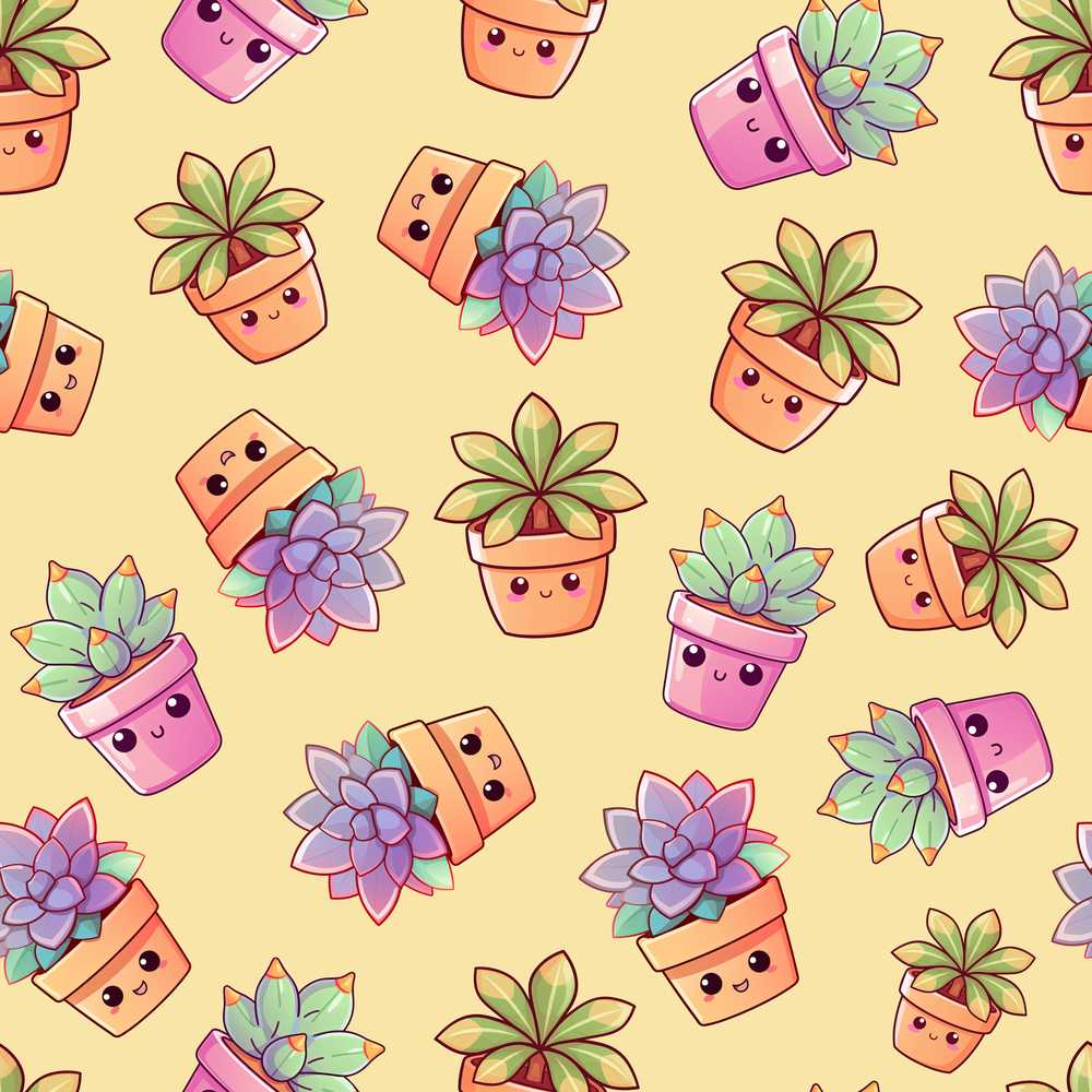 Cute Kawaii Succulent Plants Warm Beige Background Decorative