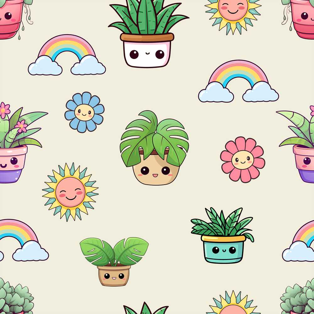Cute Kawaii Plants Rainbows Smiling Sun Cream Background