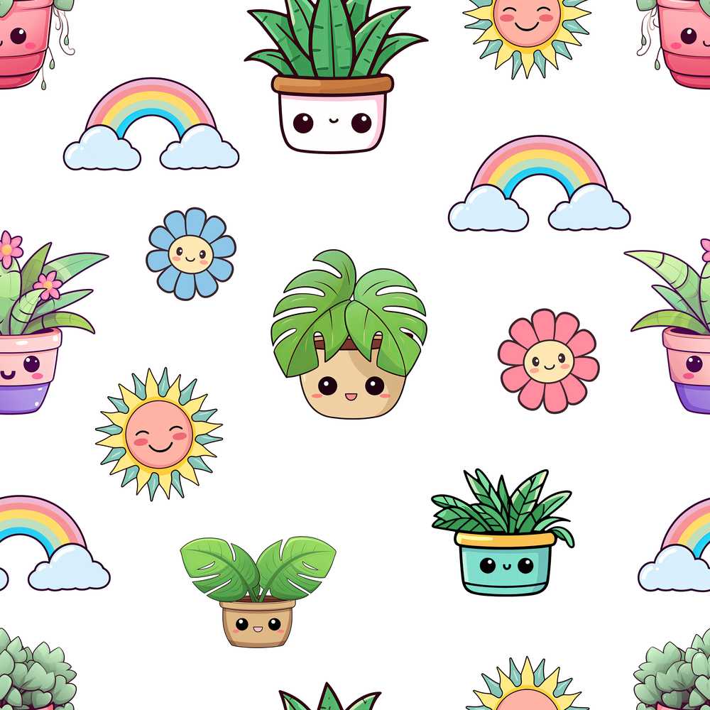 Cute Kawaii Plants Rainbows Smiling Sun Light Grey Background