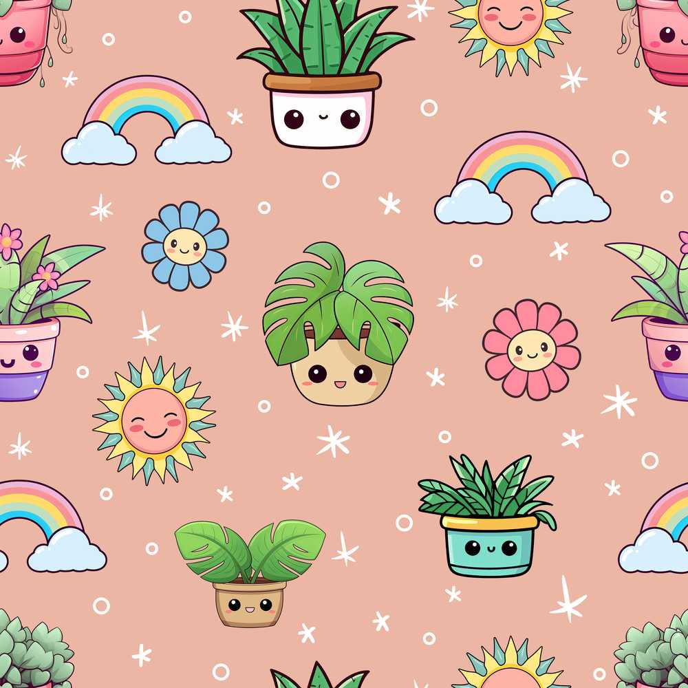Cute Kawaii Plants Rainbows Smiling Sun Peach Background