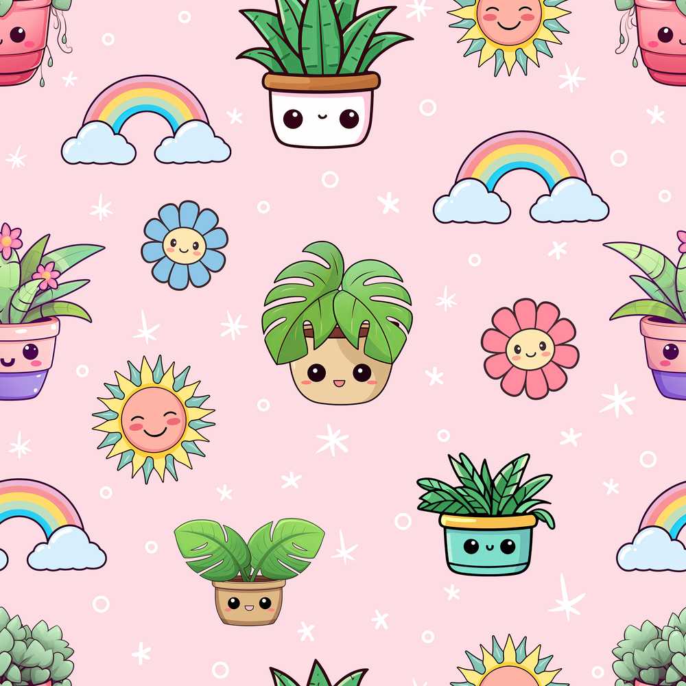 Cute Kawaii Plants Rainbows Smiling Sun Soft Pink Background
