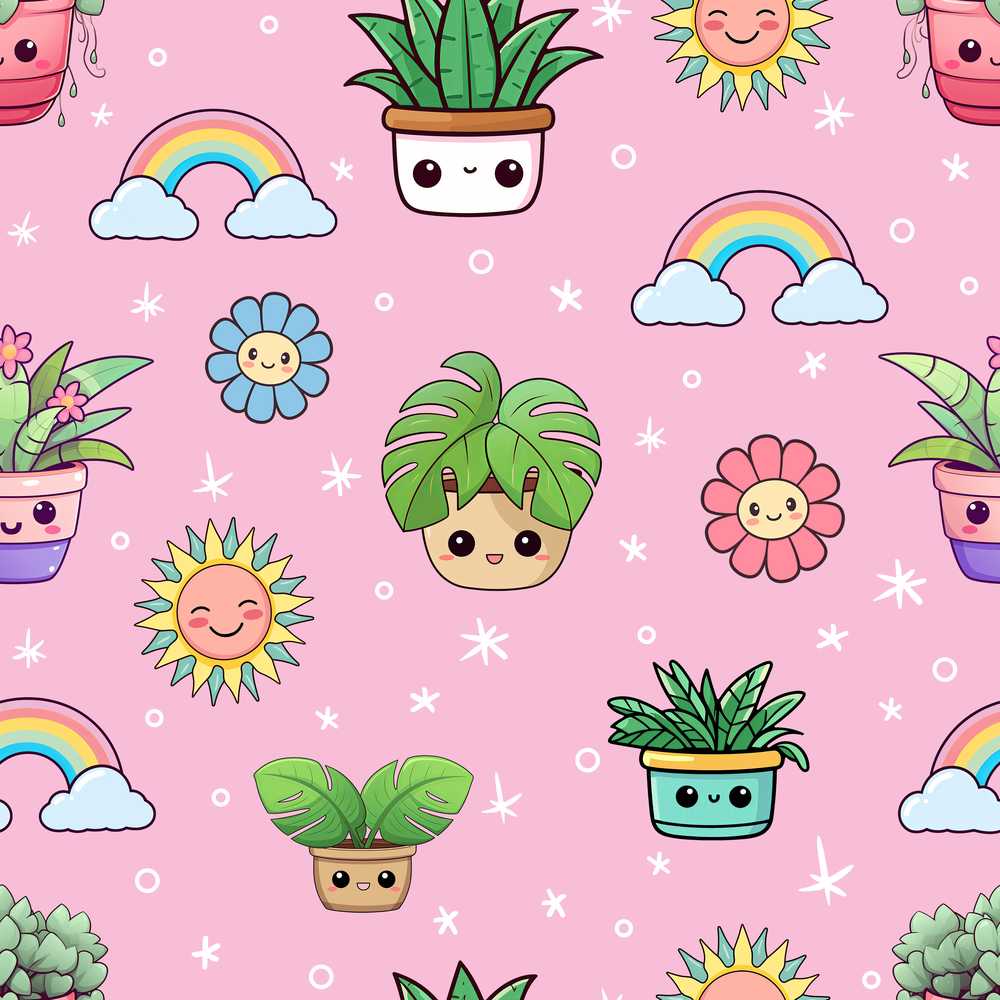 Cute Kawaii Plants Rainbows Smiling Sun Pink Background