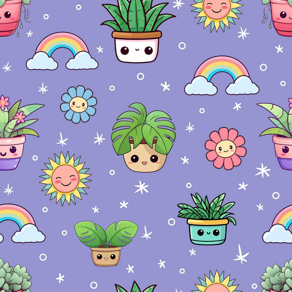Cute Kawaii Plants Rainbows Smiling Sun Purple Background