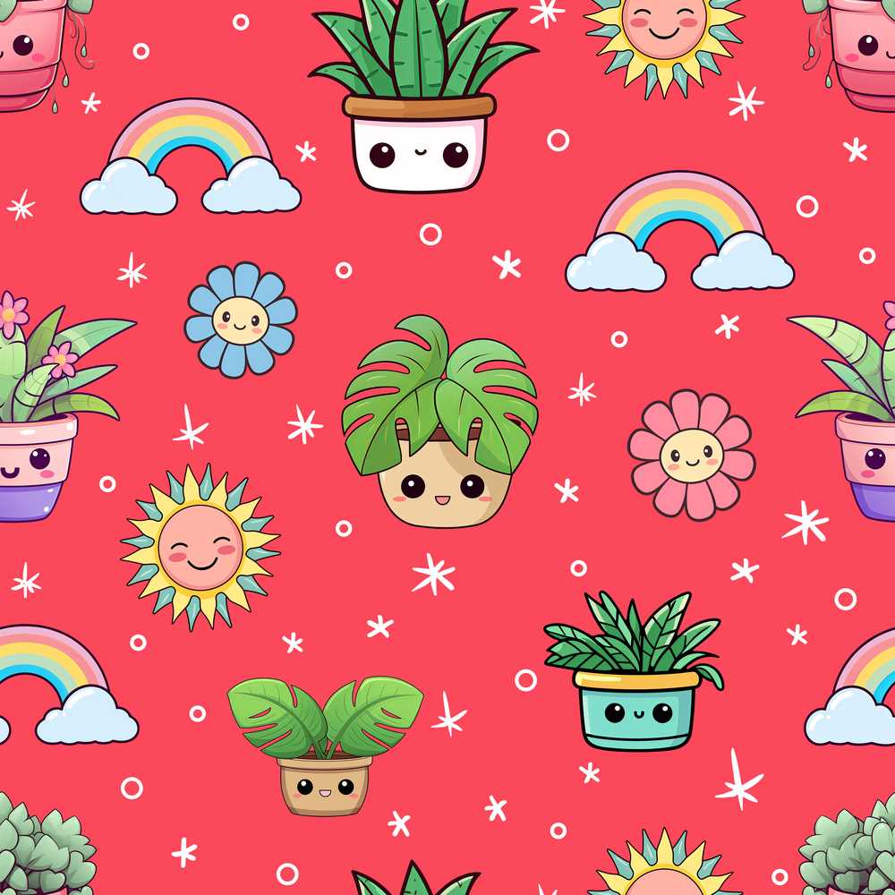 Cute Kawaii Plants Rainbows Smiling Sun Red Background