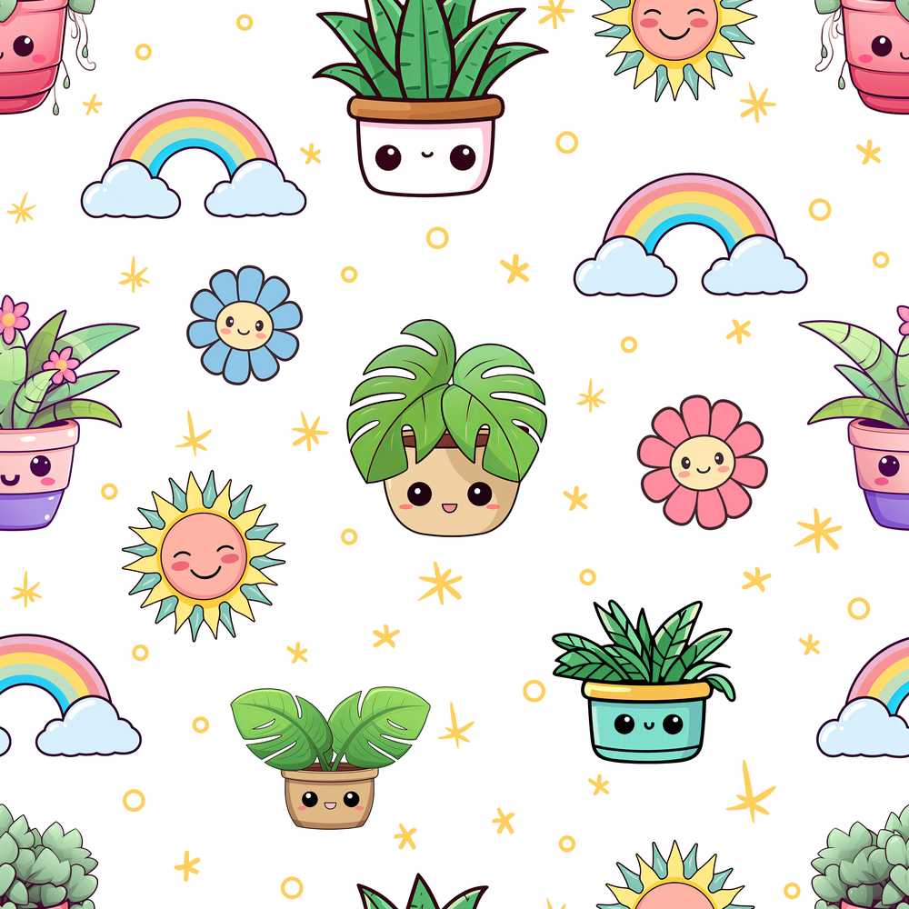 Cute Kawaii Plants Rainbows Smiling Sun Grey Background