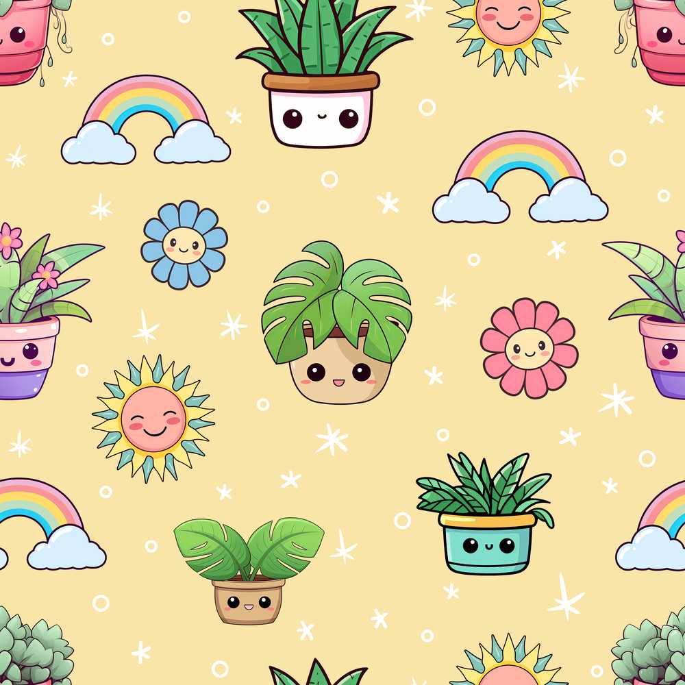 Cute Kawaii Plants Rainbows Smiling Sun Yellow Background