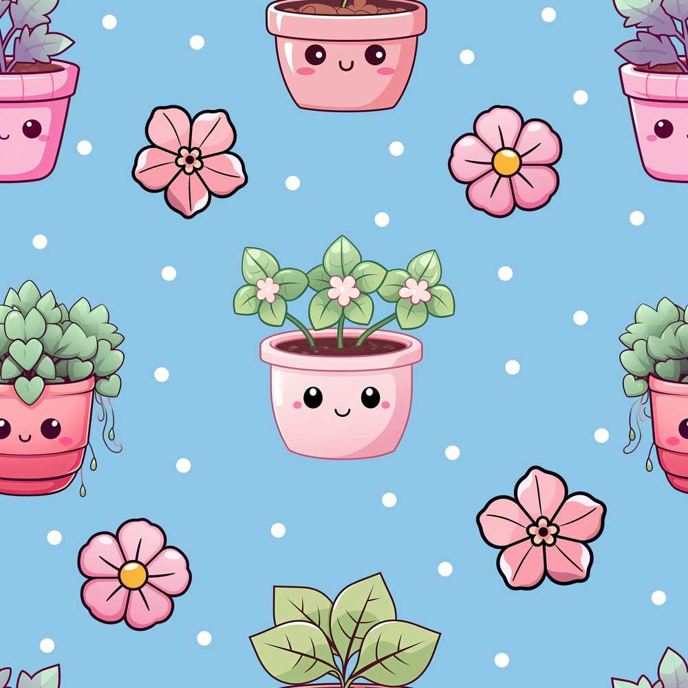 Cute Kawaii Flower Pots Blossom Blue Background Wildflower Pattern
