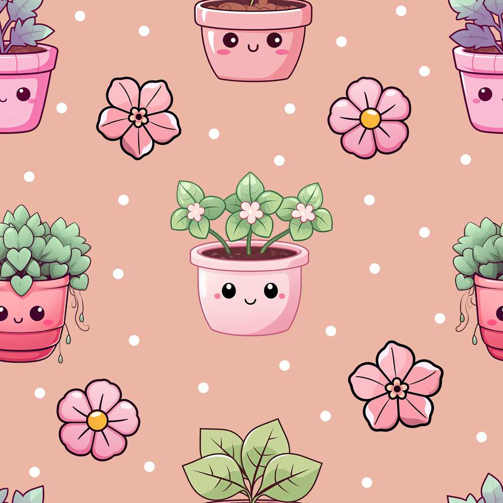 Cute Kawaii Flower Pots Blossom Beige Background Wildflower Pattern