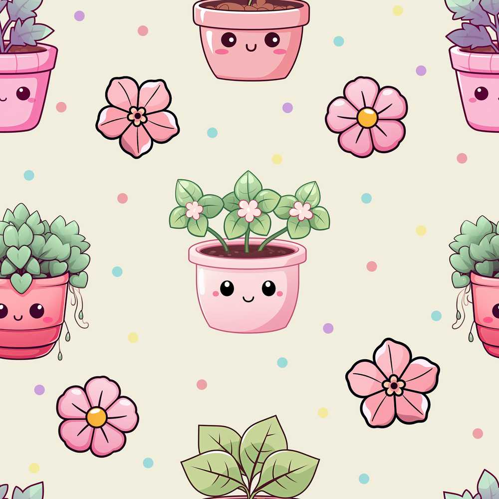 Cute Kawaii Flower Pots Blossom Cream Background Wildflower Pattern