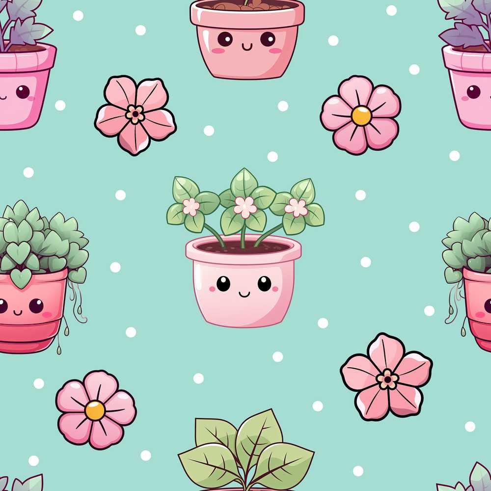 Cute Kawaii Flower Pots Blossom Mint Background Wildflower Pattern
