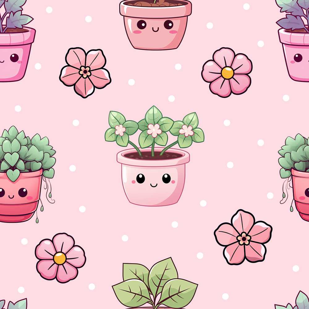 Cute Kawaii Flower Pots Blossom Pink Background Wildflower Pattern