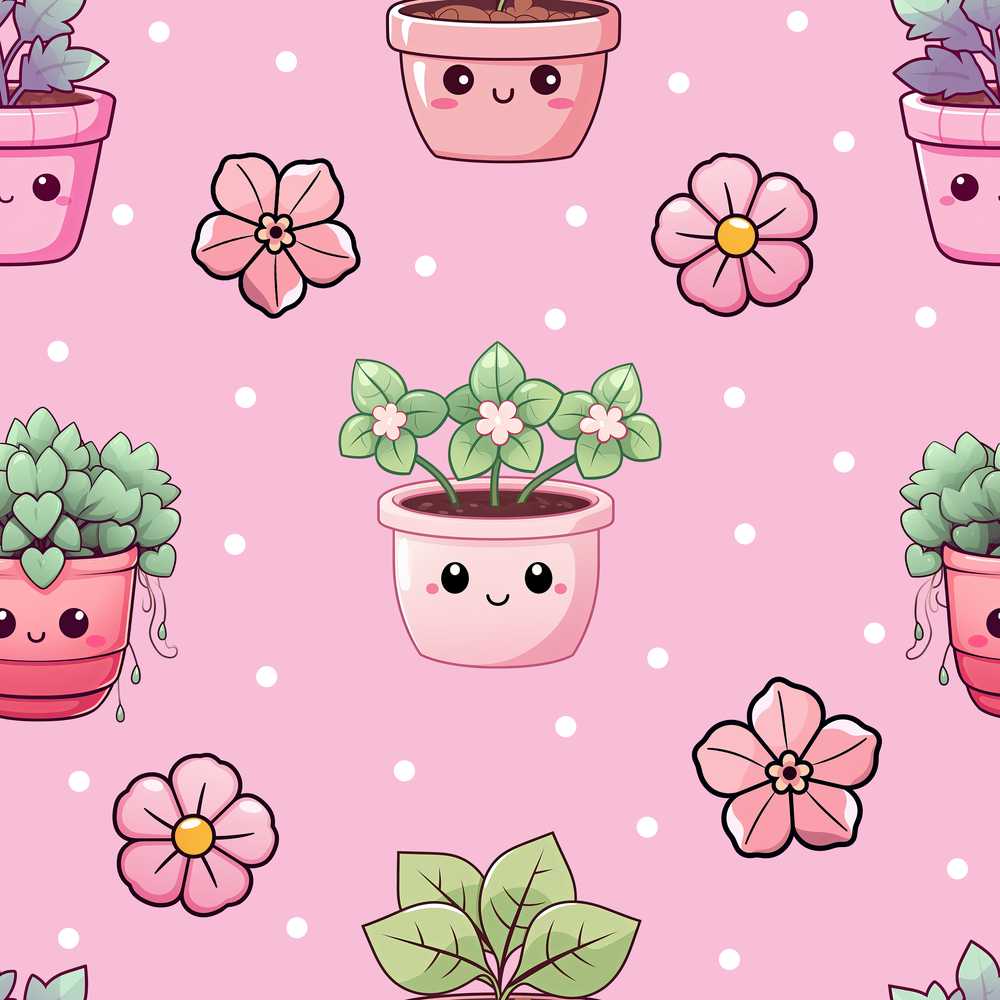 Cute Kawaii Flower Pots Blossom Soft Pink Background Wildflower