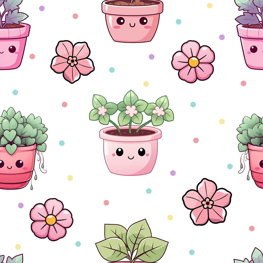 Cute Kawaii Flower Pots Blossom Grey Background Wildflower Pattern