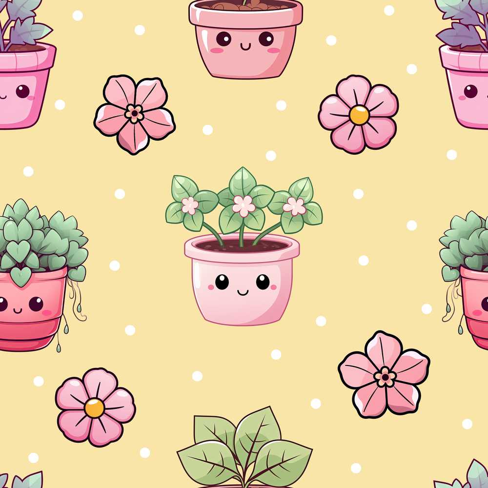 Cute Kawaii Flower Pots Blossom Yellow Background Wildflower Pattern