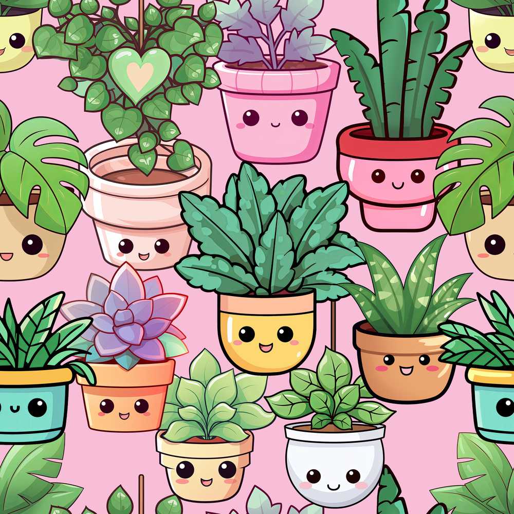 Cute Kawaii Indoor House Plants Pink Background Decorative