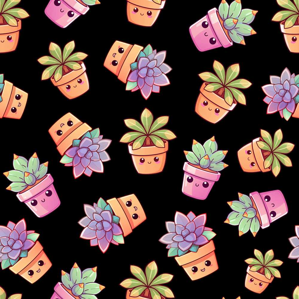 Cute Kawaii Succulent Plant Pots Black Background Decorative