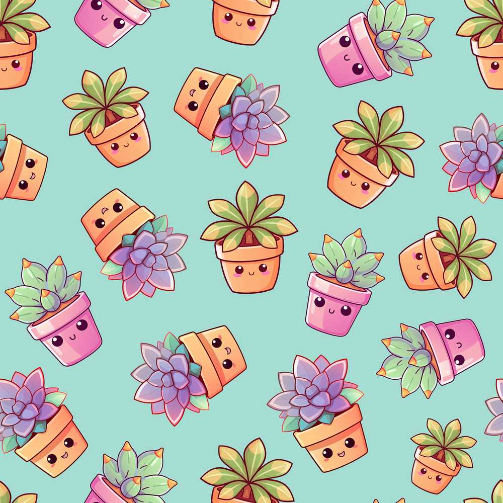 Cute Kawaii Succulent Plant Pots Soft Mint Background