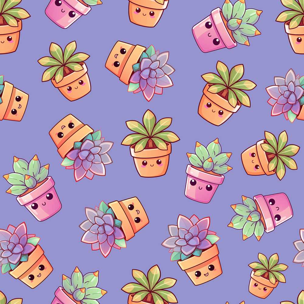 Cute Kawaii Succulent Plant Pots Lavendar Background Decorative