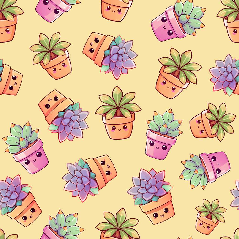 Cute Kawaii Succulent Plant Pots Soft Yellow Background