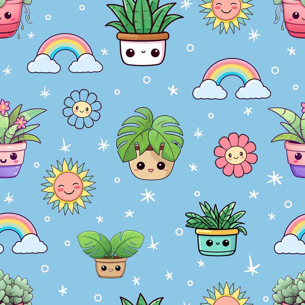 Cute Kawaii Tropical Plants Rainbow Sun Blue Background