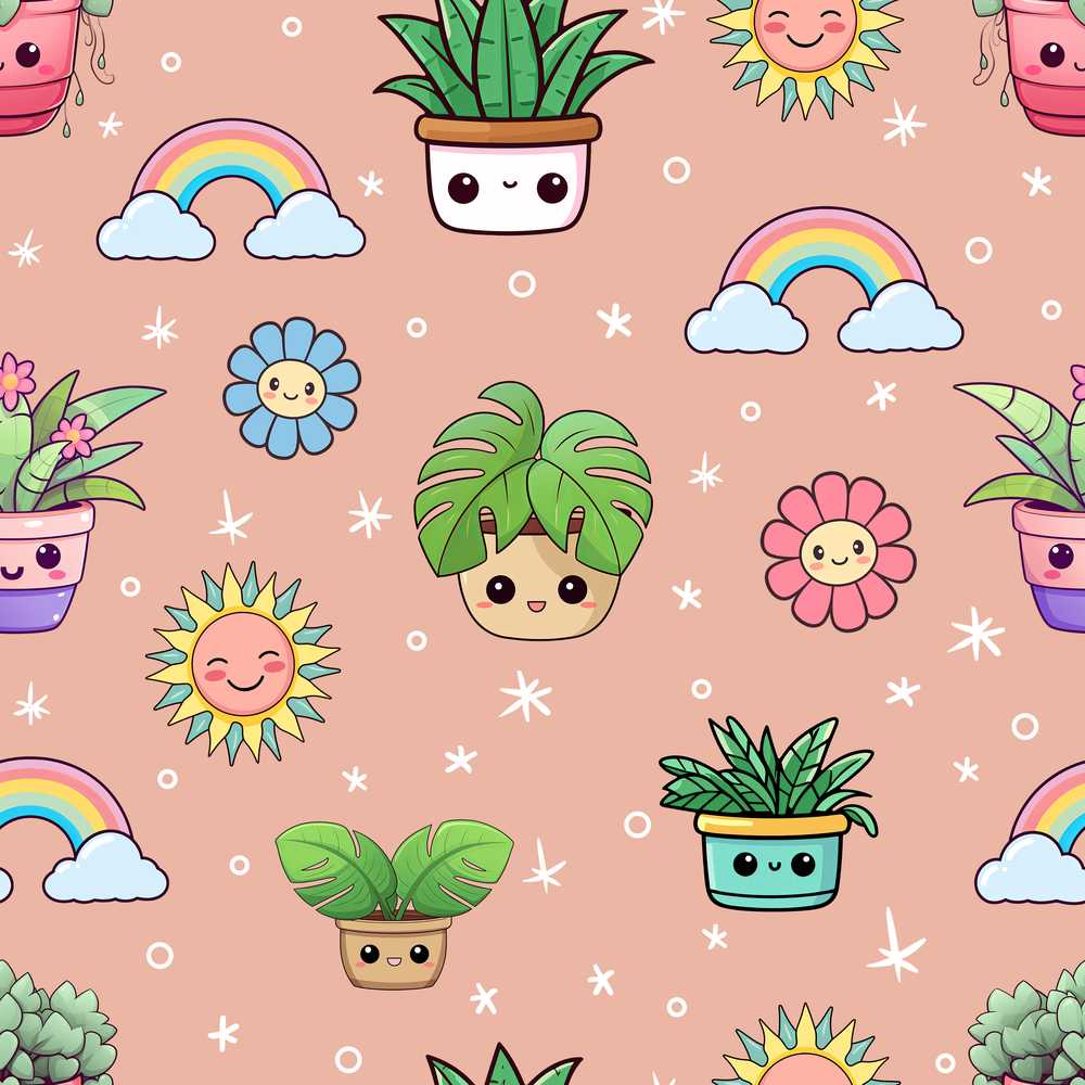 Cute Kawaii Tropical Plants Rainbow Sun Peach Background