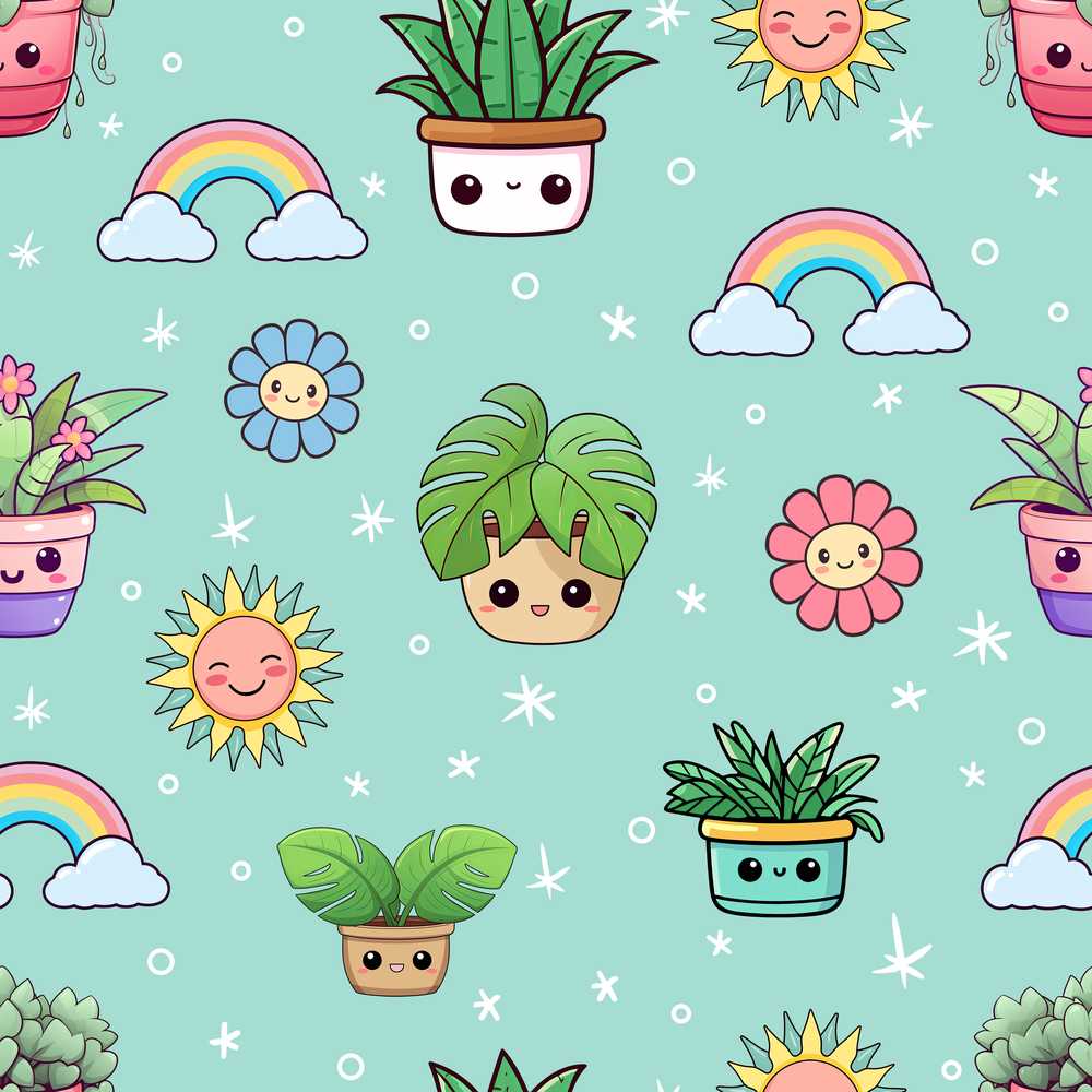 Cute Kawaii Tropical Plants Rainbow Sun Mint Background