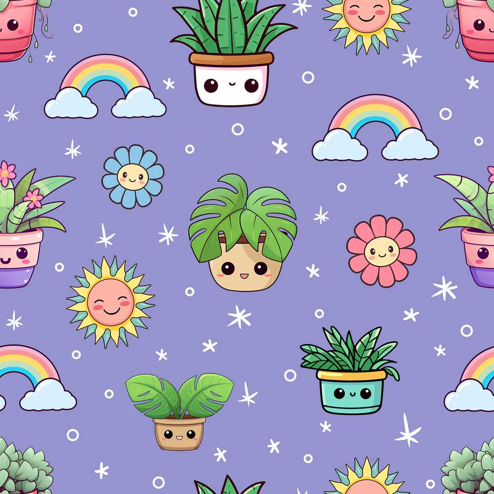 Cute Kawaii Tropical Plants Rainbow Sun Purple Background