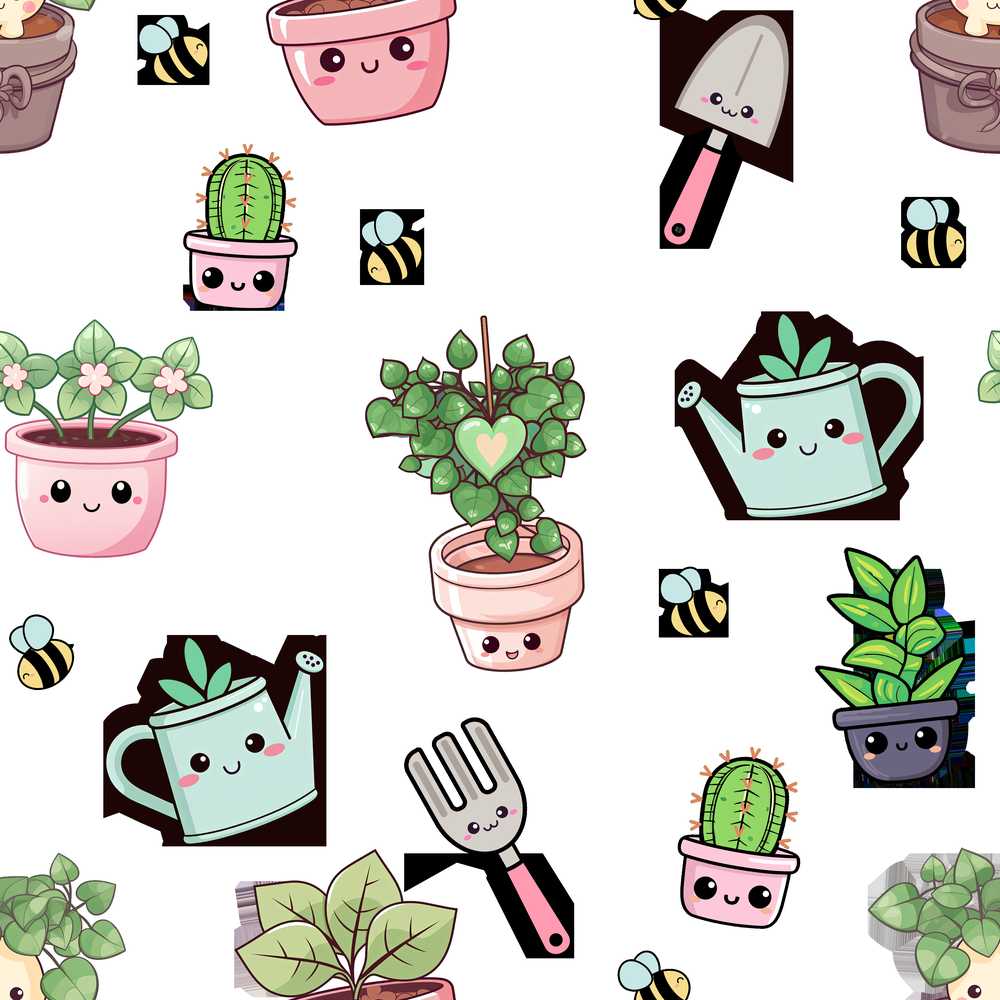 Cute Kawaii Garden Tools Plants Bees Decorative Repeat