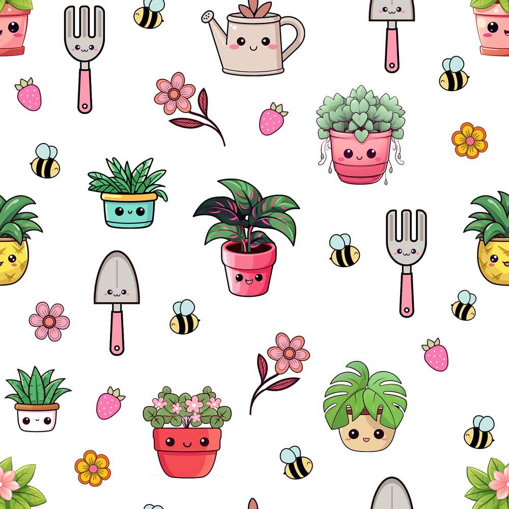 Cute Kawaii Garden Tools Plants Bees Floral Wildflower Pattern