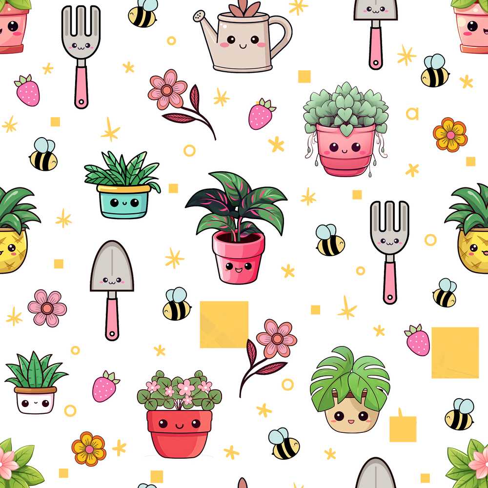 Cute Kawaii Garden Tools Plants Bees Yellow Stars
