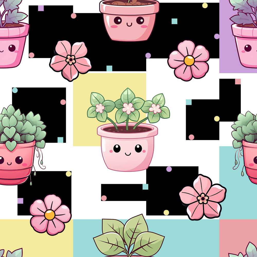 Cute Kawaii Floral Plant Pots Pastel Dots Wildflower Pattern
