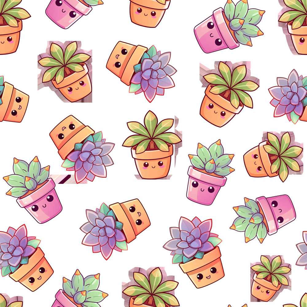 Cute Kawaii Succulent Plants Cartoon Pots Decorative Repeat