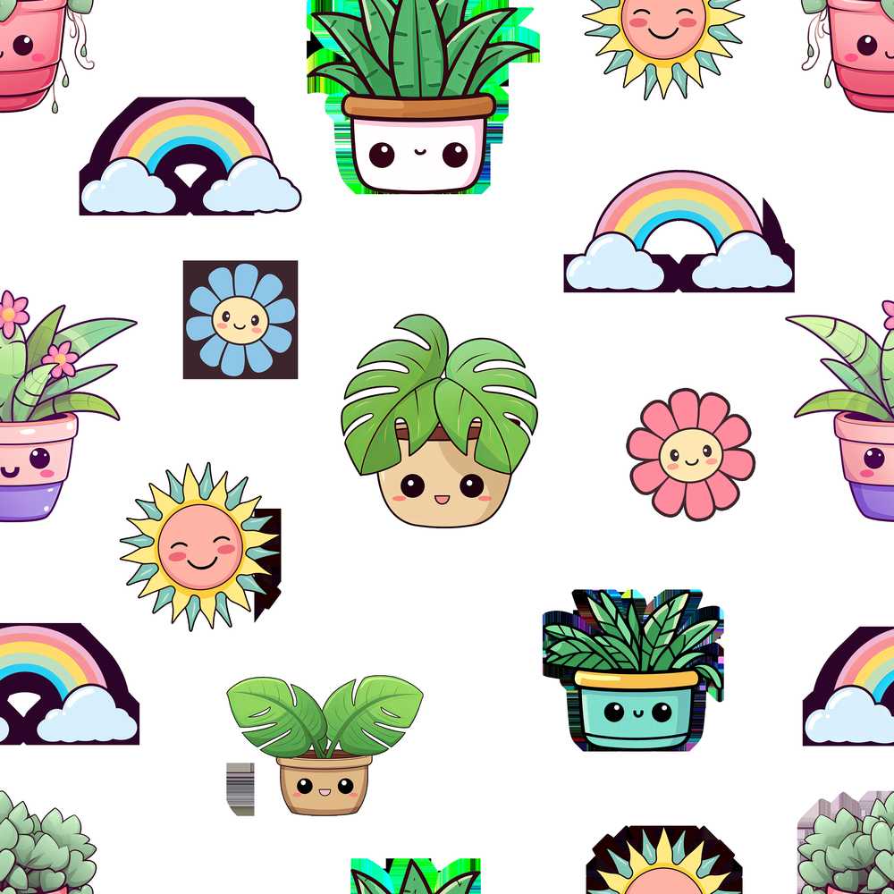 Cute Kawaii Tropical Plants Rainbow Sun Grey Decorative