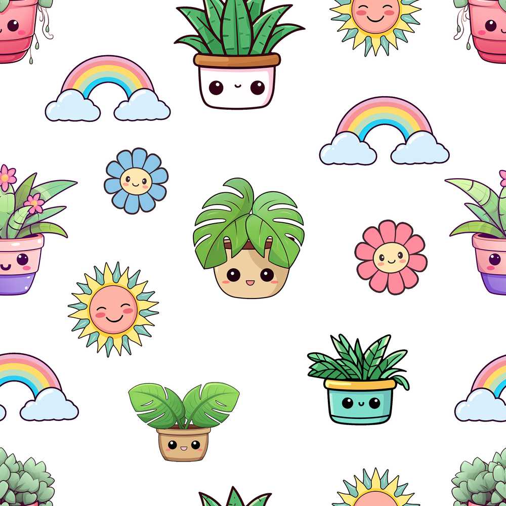 Cute Kawaii Tropical Plants Rainbow Sun Grey Decorative
