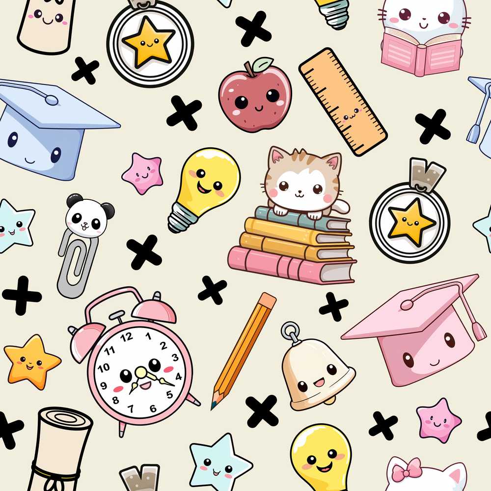 Cute Kawaii School Supplies Cat Books Apple Illustration