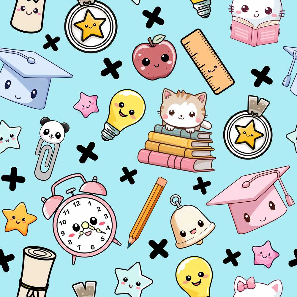 Cute Kawaii School Supplies Cat Books Blue Background
