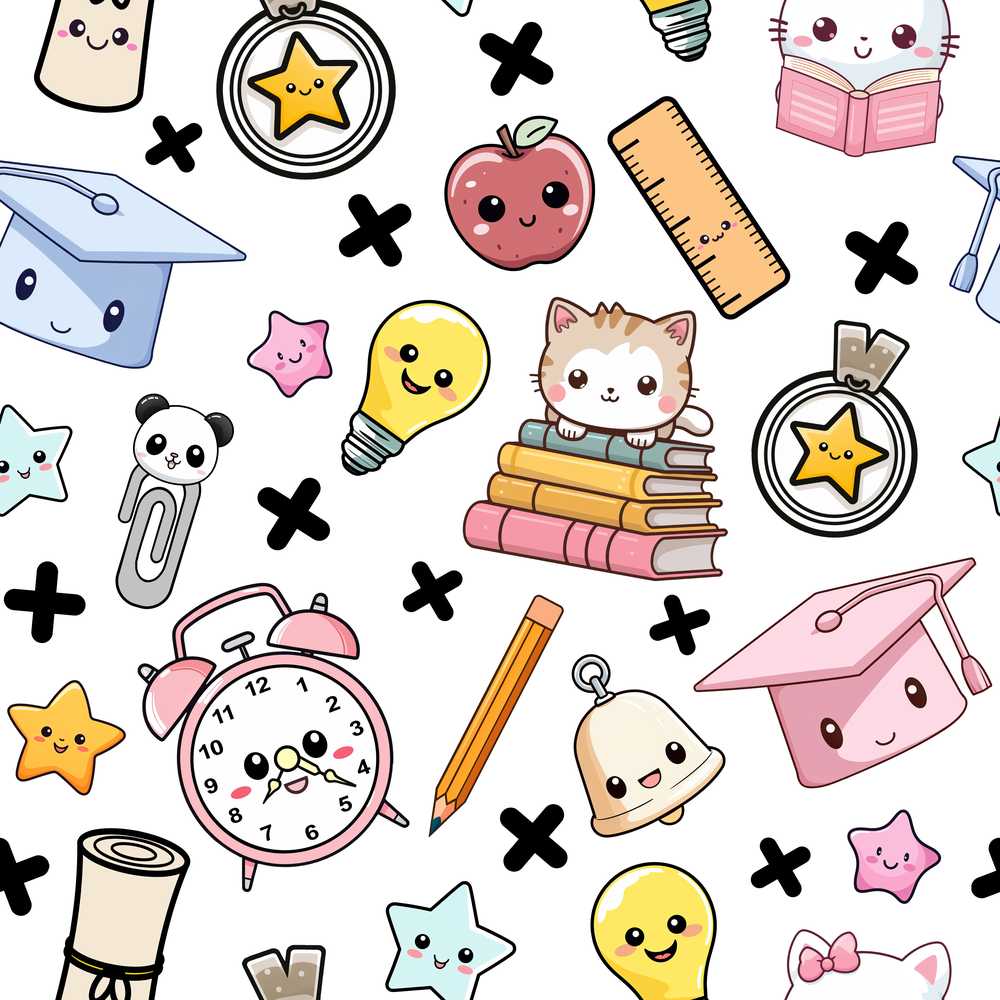 Cute Kawaii School Supplies Cat Books Grey Background