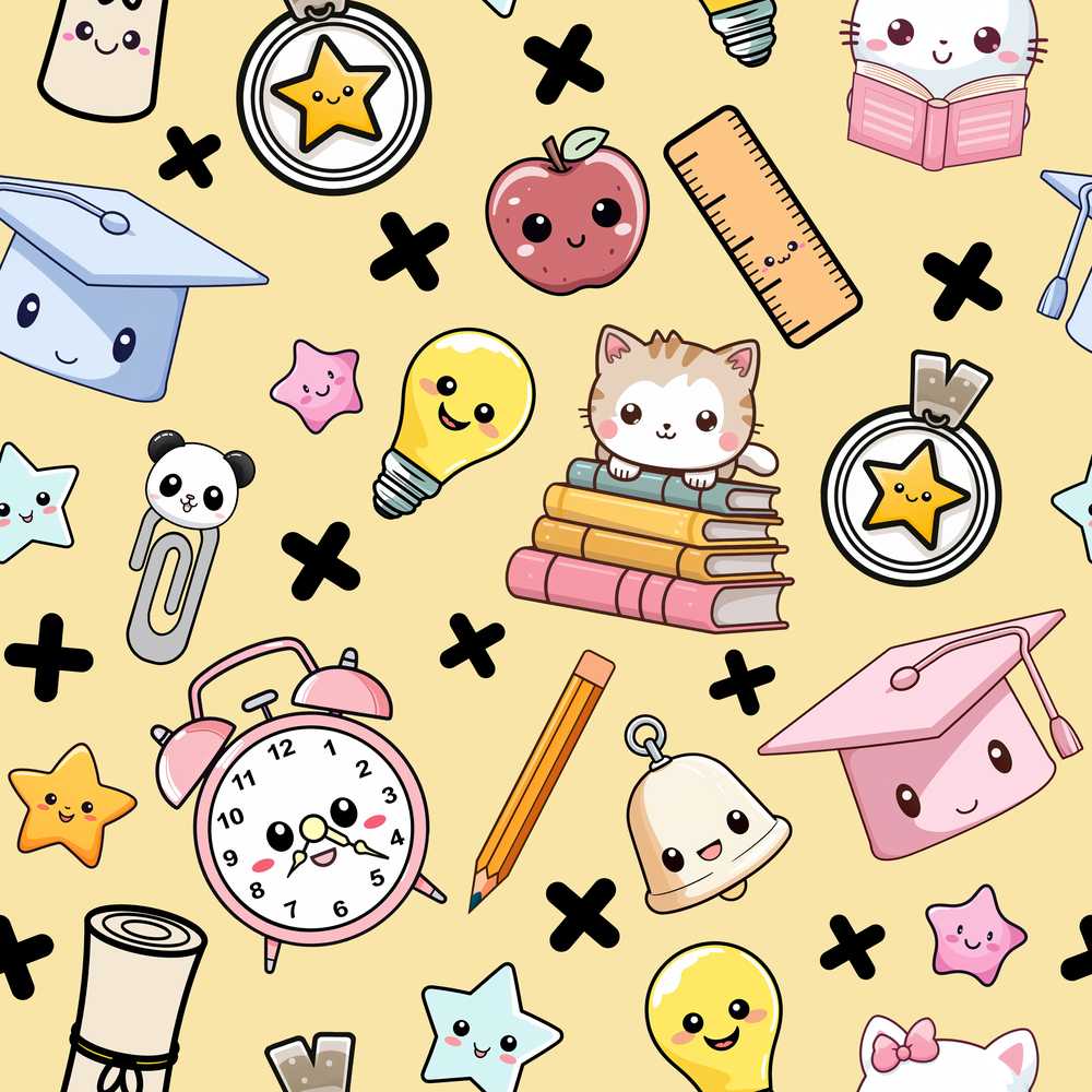 Cute Kawaii School Supplies Cat Books Beige Background