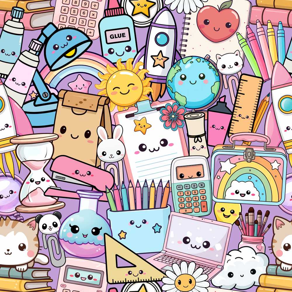 Cute Kawaii Busy School Supplies Desk Purple Background