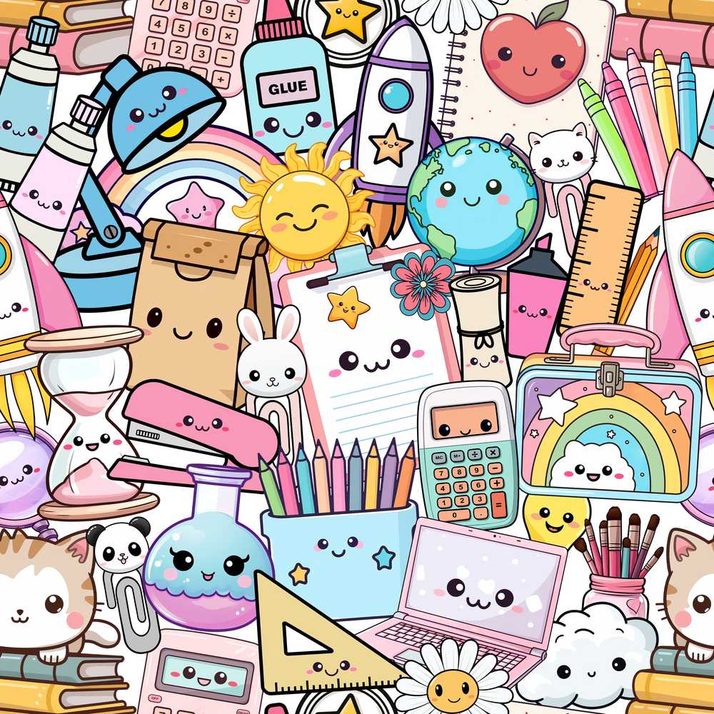 Cute Kawaii Busy School Supplies Desk Grey Background
