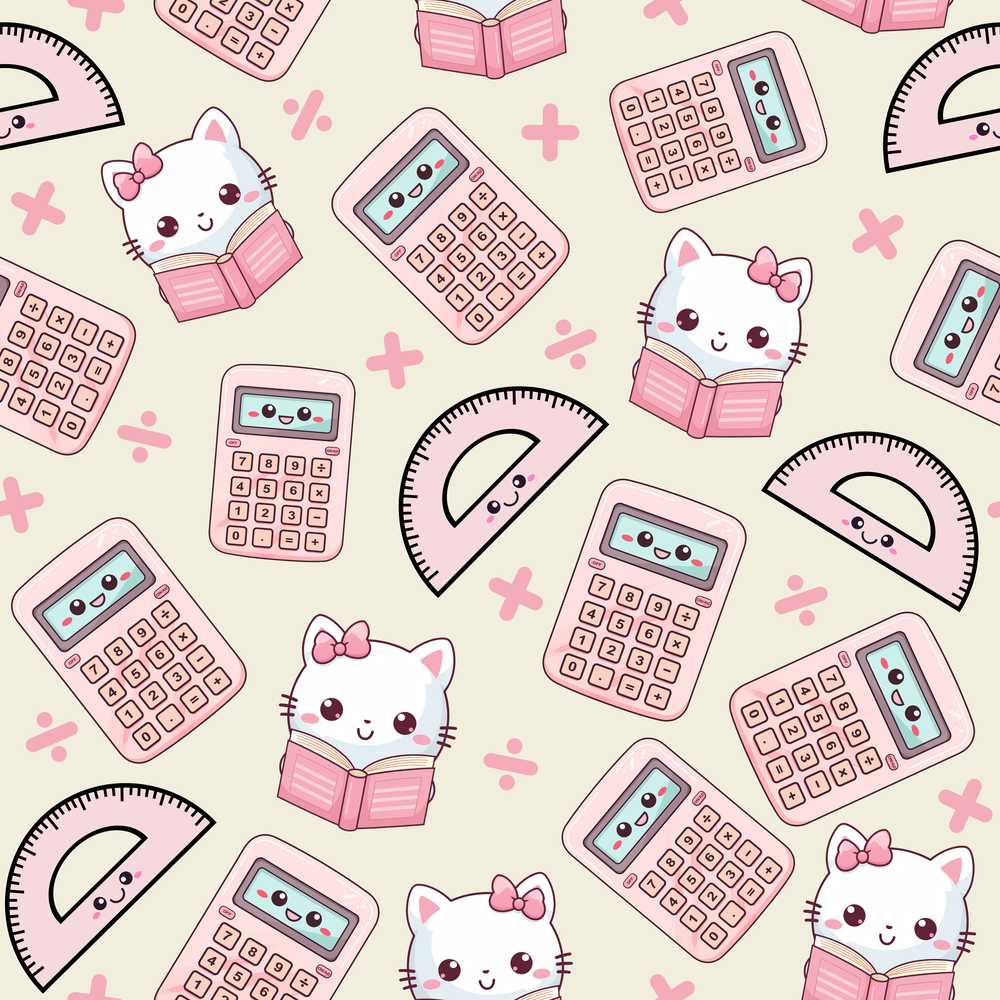 Cute Kawaii Maths Cat Calculator Ruler Illustration Repeat
